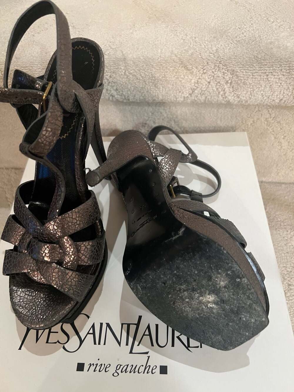 Saint Laurent YSL Metallic Tribute Platform Heels Sandals Gunmetal Grey 38 - NIB - Picture 6 of 6